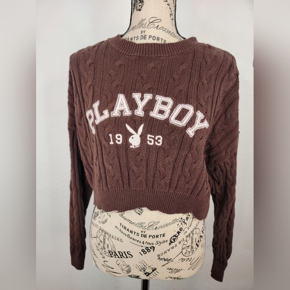 Playboy PacSun Crop Sweater Top Small Bunny Boxy Cable Knit Brown